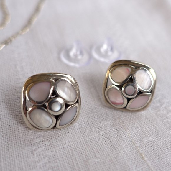 MOP & Sterling Pendant & Earrings with 19" Italy Figaro Chain - Picture 5 of 12